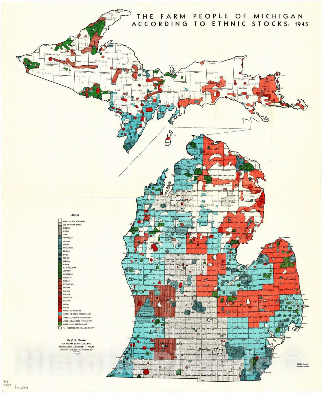 Map : Michigan 1945, The farm people of Michigan according to ethnic stocks: 1945 , Antique Vintage Reproduction