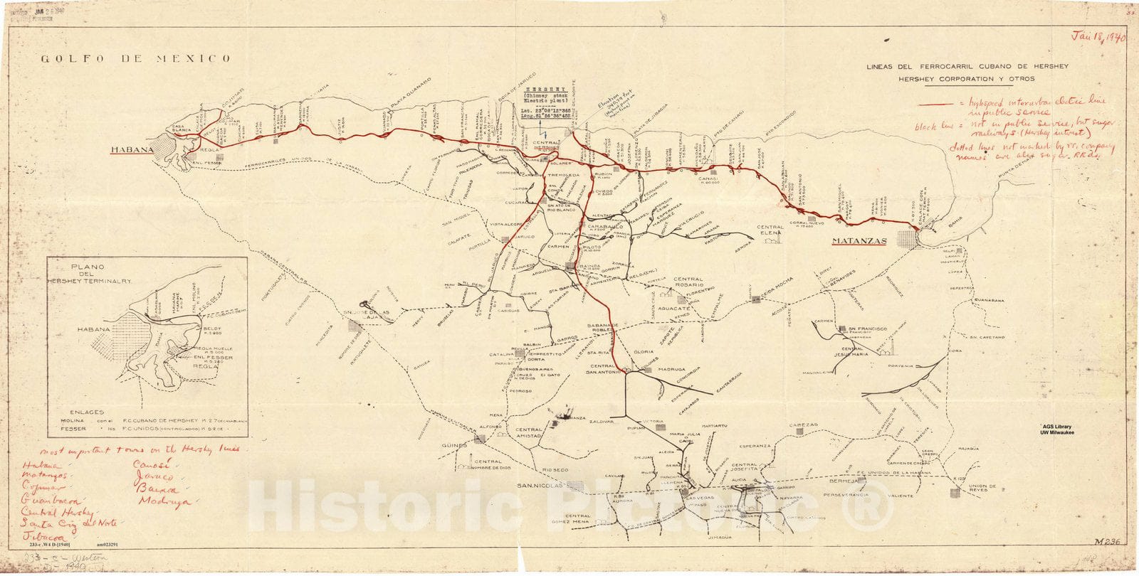 Map : Cuba 1940, Lineas del Ferrocarril Cubano de Hershey , Antique Vintage Reproduction