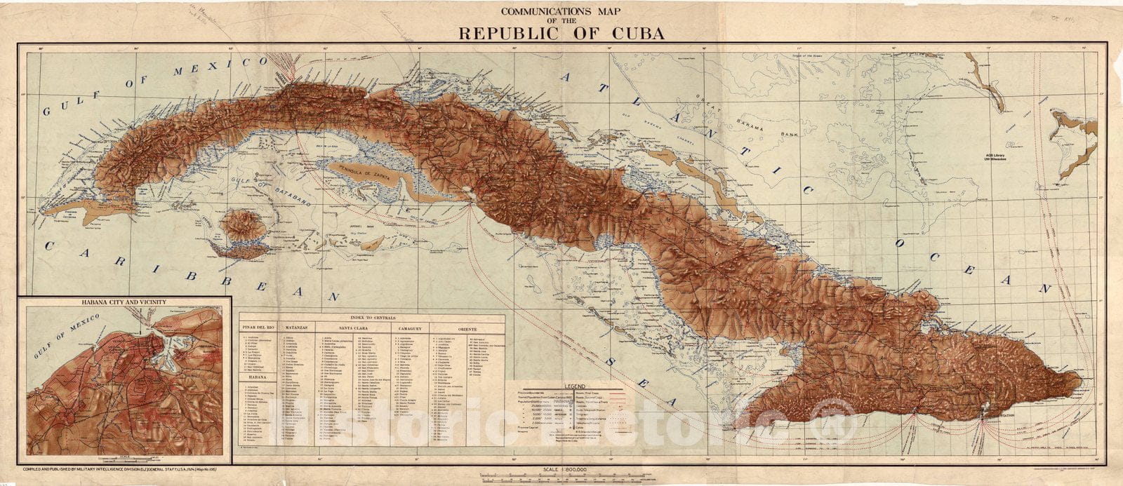 Map : Cuba 1924, Communications map of the Republic of Cuba, Antique Vintage Reproduction