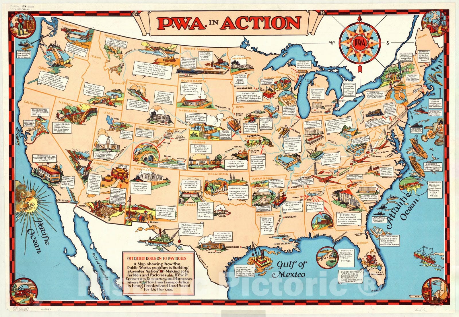 Map : United States 1935, P.W.A. in action , Antique Vintage Reproduction