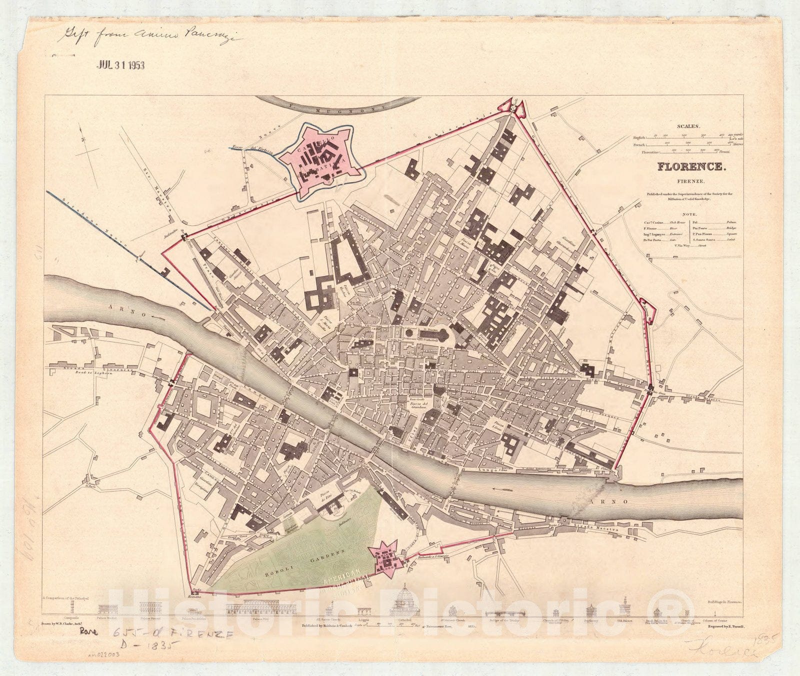 Map : Florence, Italy 1835, Florence (Firenze) Drawn by W.B. Clarke ; Engraved by E. Turrell, Antique Vintage Reproduction