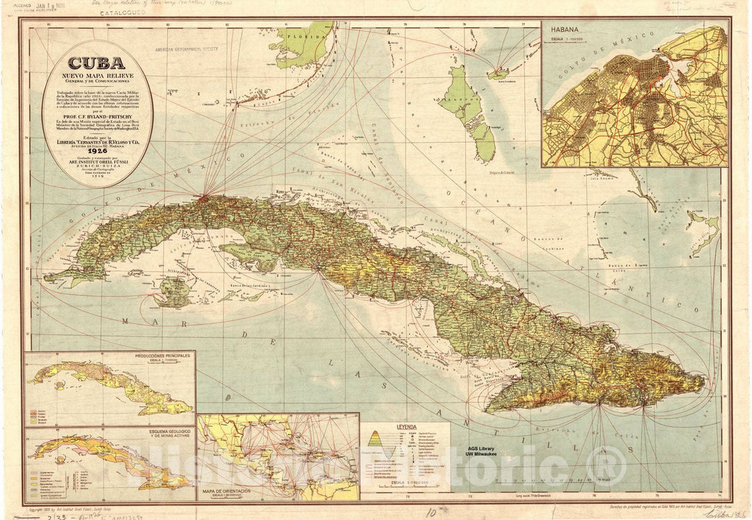 Map : Cuba 1925, Cuba nuevo mapa relieve, general y de comunicaiones ... 1926 , Antique Vintage Reproduction