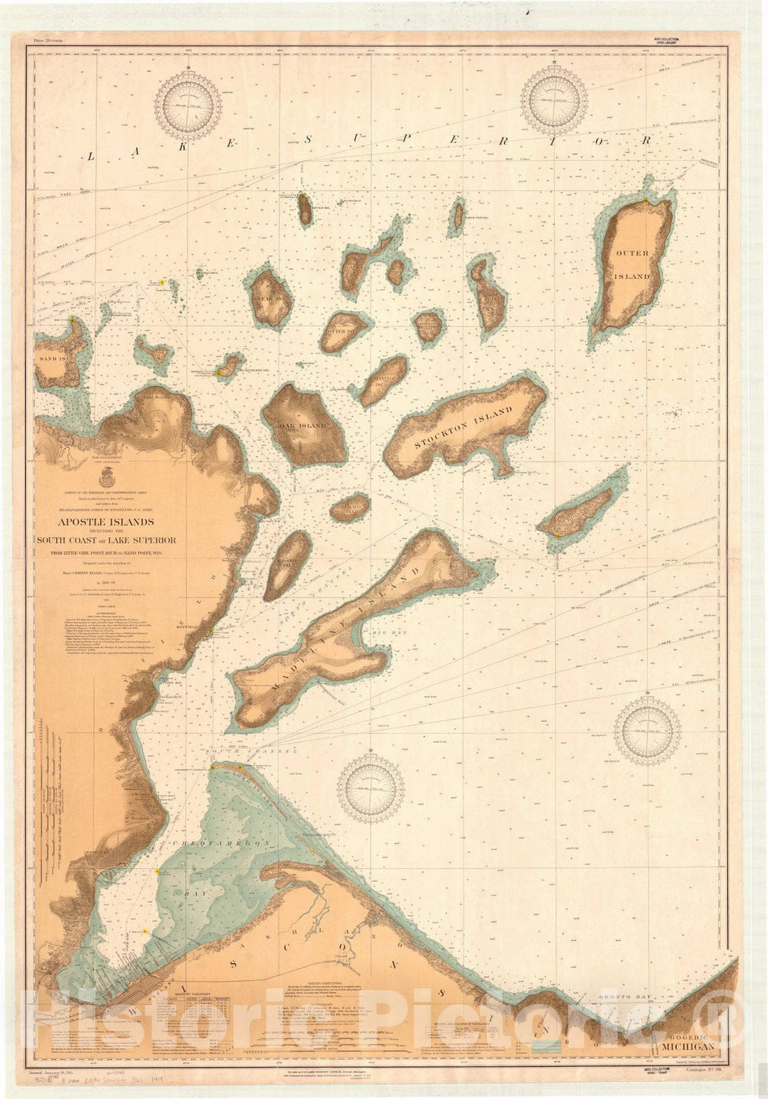 Historic Map : Apostle Islands 1914, Apostle Islands including the south coast of Lake Superior : from Little Girl Point, Mich. to Sand Point, Wis. , Antique Vintage Reproduction