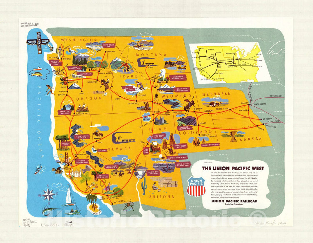 Map : United States, western 1949, The Union Pacific West , Antique Vintage Reproduction