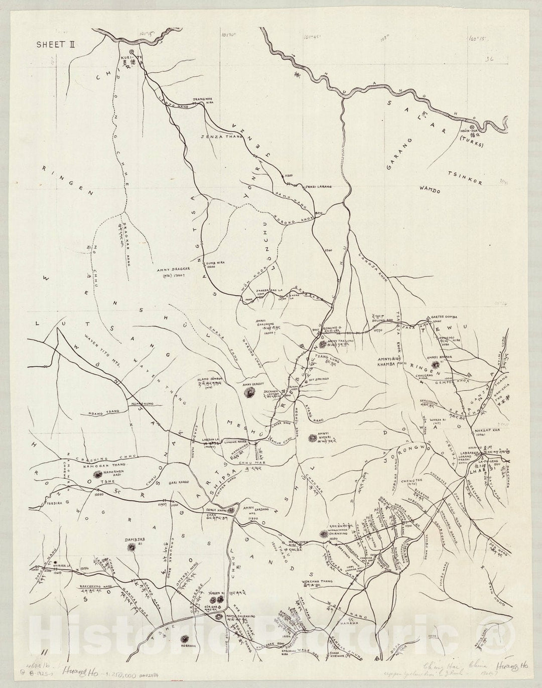 Map : Yellow River, China 1927 2, Ch'ing-hai upper Yellow River expedition, 1925-27 , Antique Vintage Reproduction