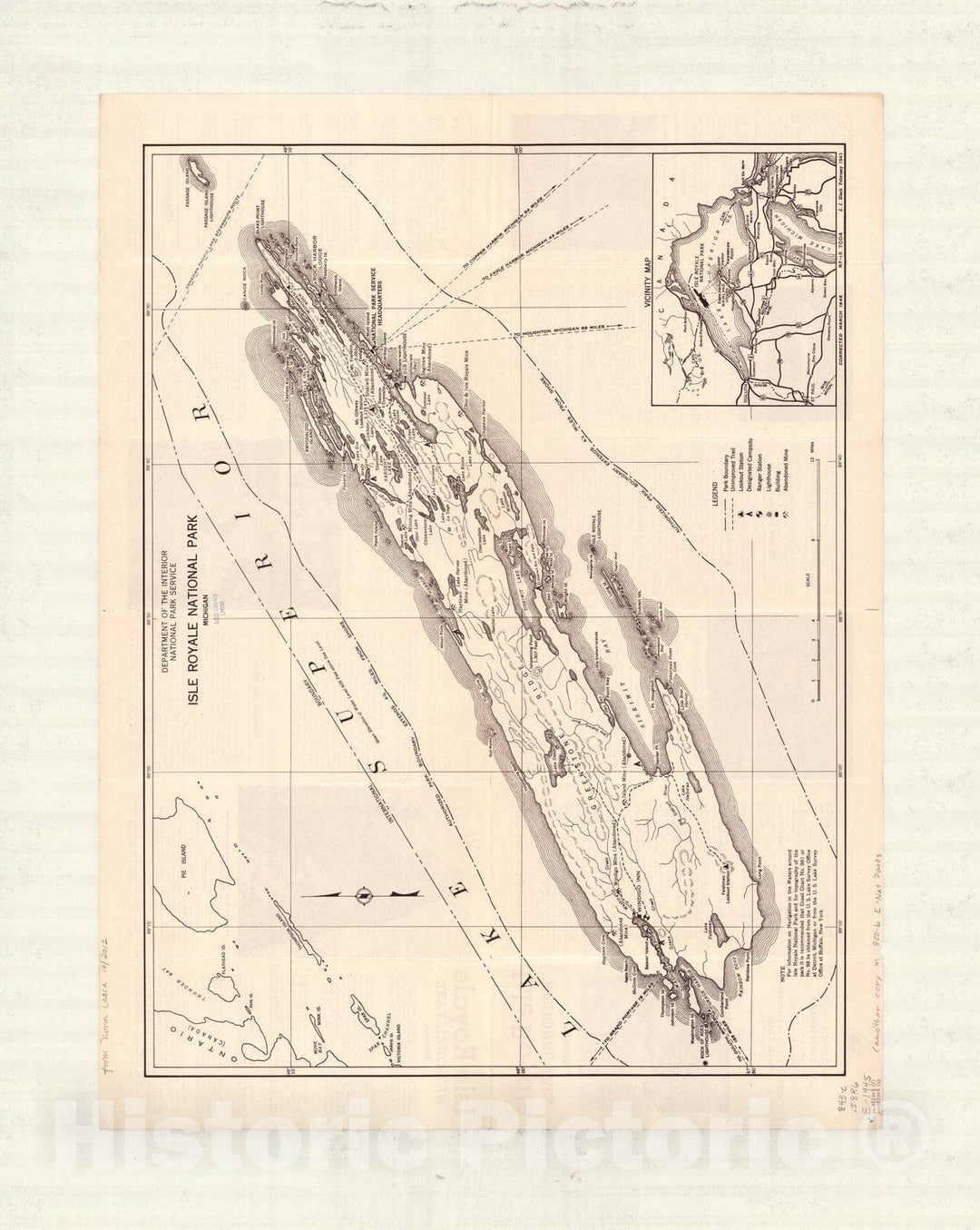 Map : Isle Royale National Park, Michigan 1945, Isle Royale National Park, Michigan , Antique Vintage Reproduction