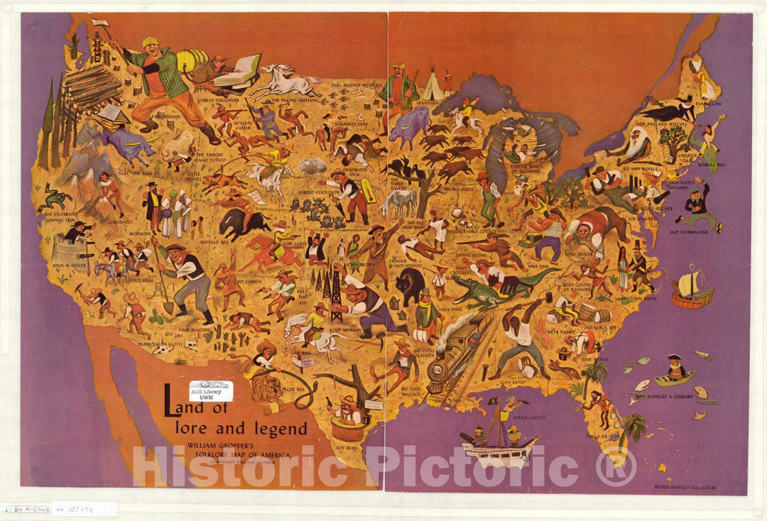 Map : United States 1946, Land of lore and legend : William Gropper's folklore map of America , Antique Vintage Reproduction