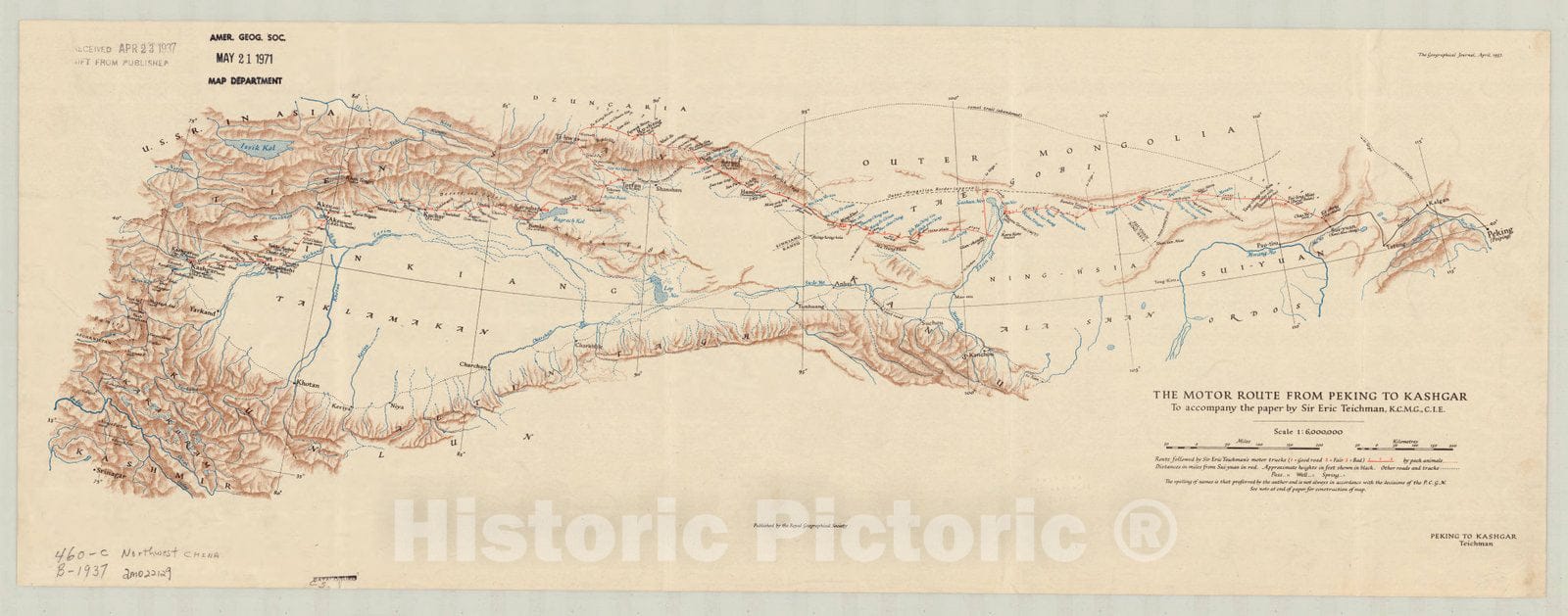 Map : Beijing, China 1937, The motor route from Peking to Kashgar : to accompany the paper by Sir Eric Teichman, K.C.M.G., C.I.E. , Antique Vintage Reproduction