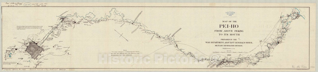 Map : Grand Canal, China 1900, Map of the Pei-Ho from above Peking to its mouth , Antique Vintage Reproduction