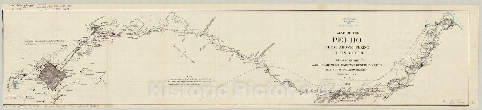 Map : Grand Canal, China 1900, Map of the Pei-Ho from above Peking to its mouth , Antique Vintage Reproduction