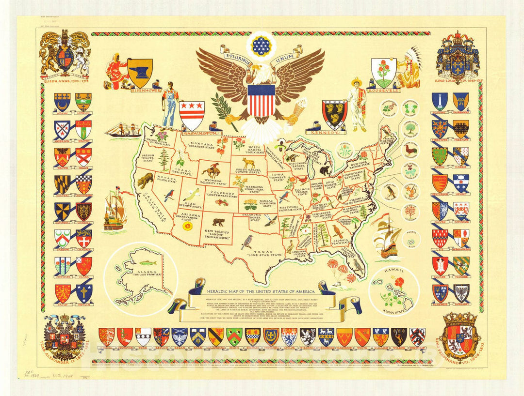 Map : United States 1969, Heraldic map of the United States of America. , Antique Vintage Reproduction