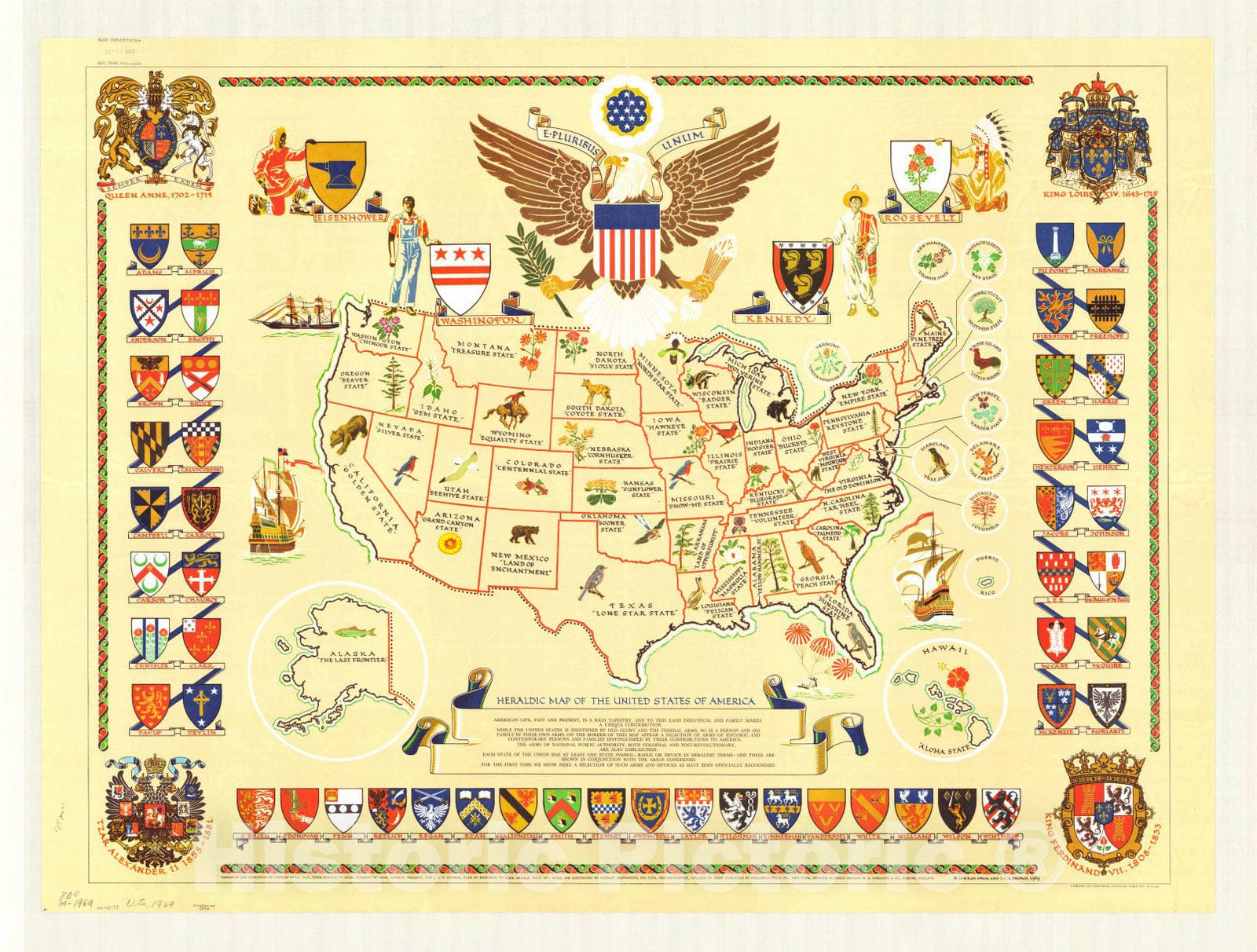 Map : United States 1969, Heraldic map of the United States of America. , Antique Vintage Reproduction