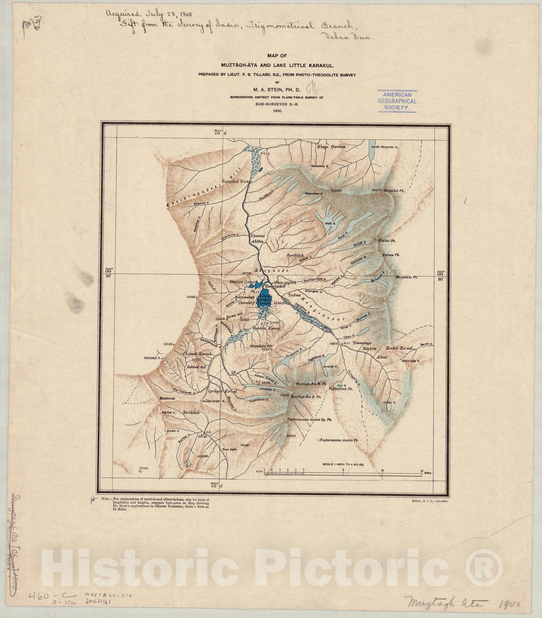 Map : Karakoram Range 1900, Map of Muztagh-Ata and Lake Little Karakul , Antique Vintage Reproduction