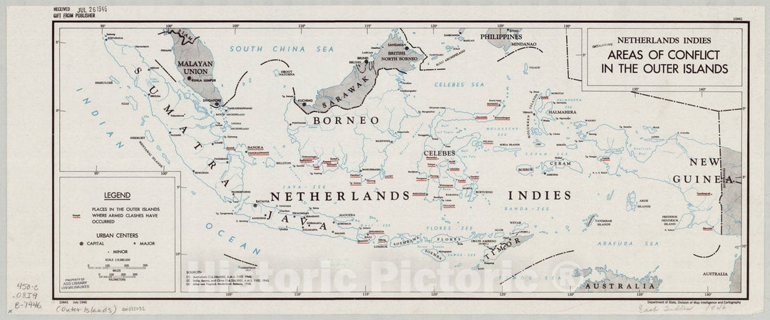 Map : East Indies 1946, Netherlands Indies : areas of conflict in the outer islands, Antique Vintage Reproduction