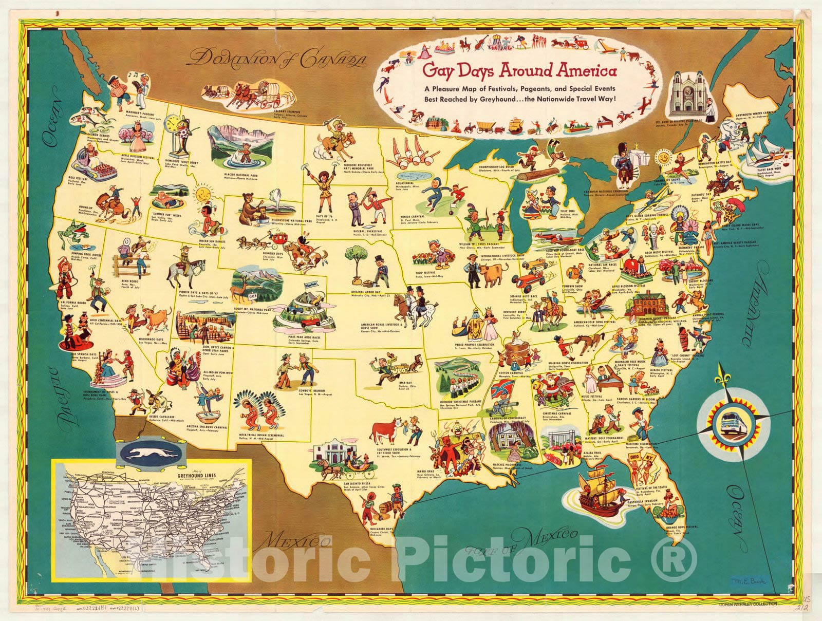 Map : United States 1949, America celebrates : a travel map of festivals, pageants and special events best reached by ... Greyhound , Antique Vintage Reproduction