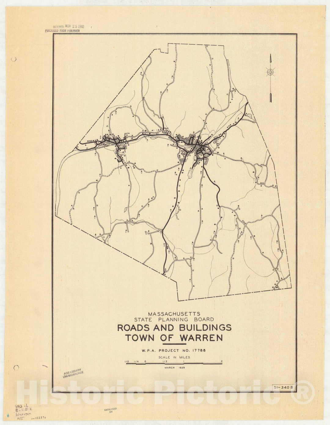 Map : Warren, Massachusetts 1939 1, Town of Warren , Antique Vintage Reproduction