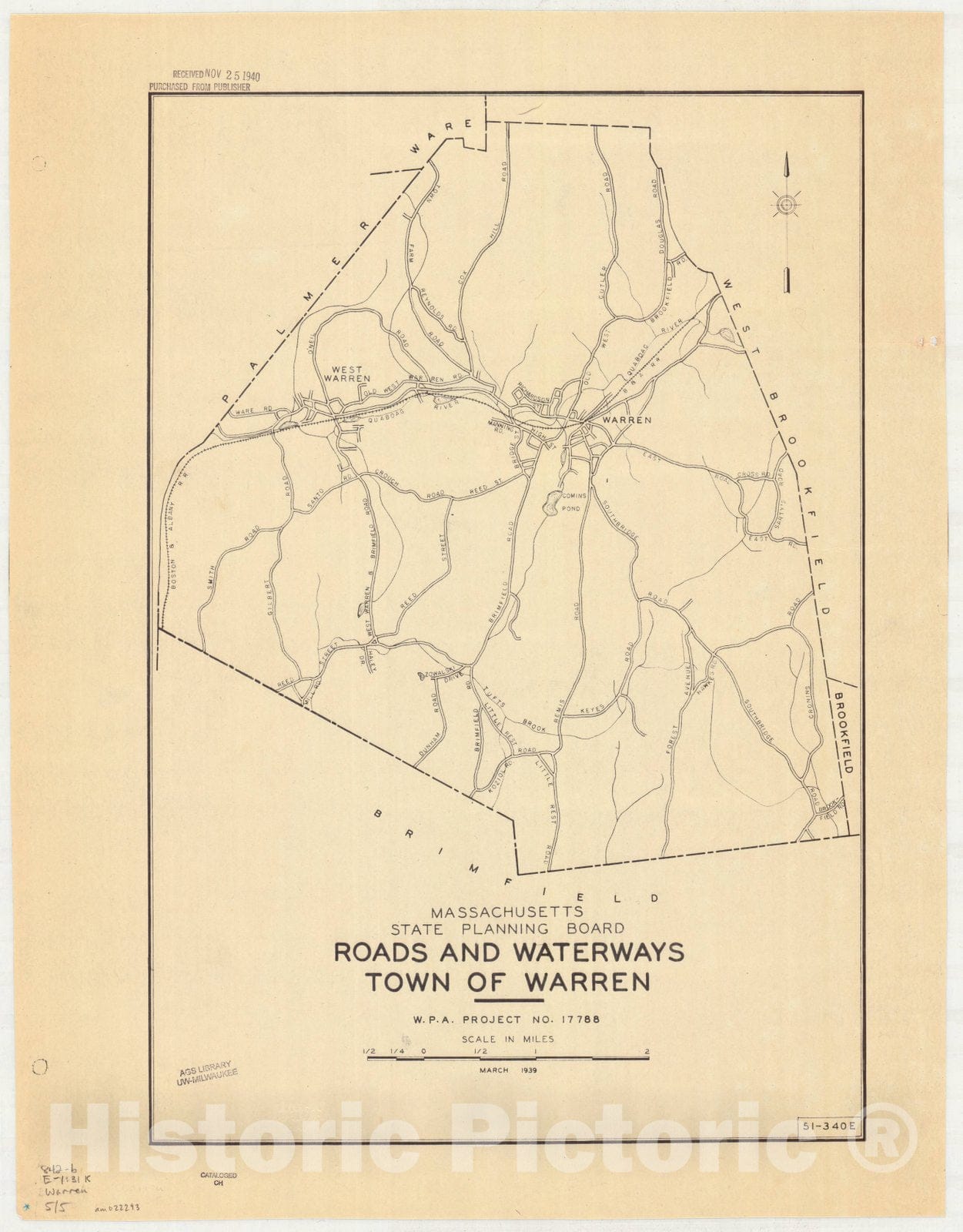 Map : Warren, Massachusetts 1939 4, Town of Warren , Antique Vintage Reproduction