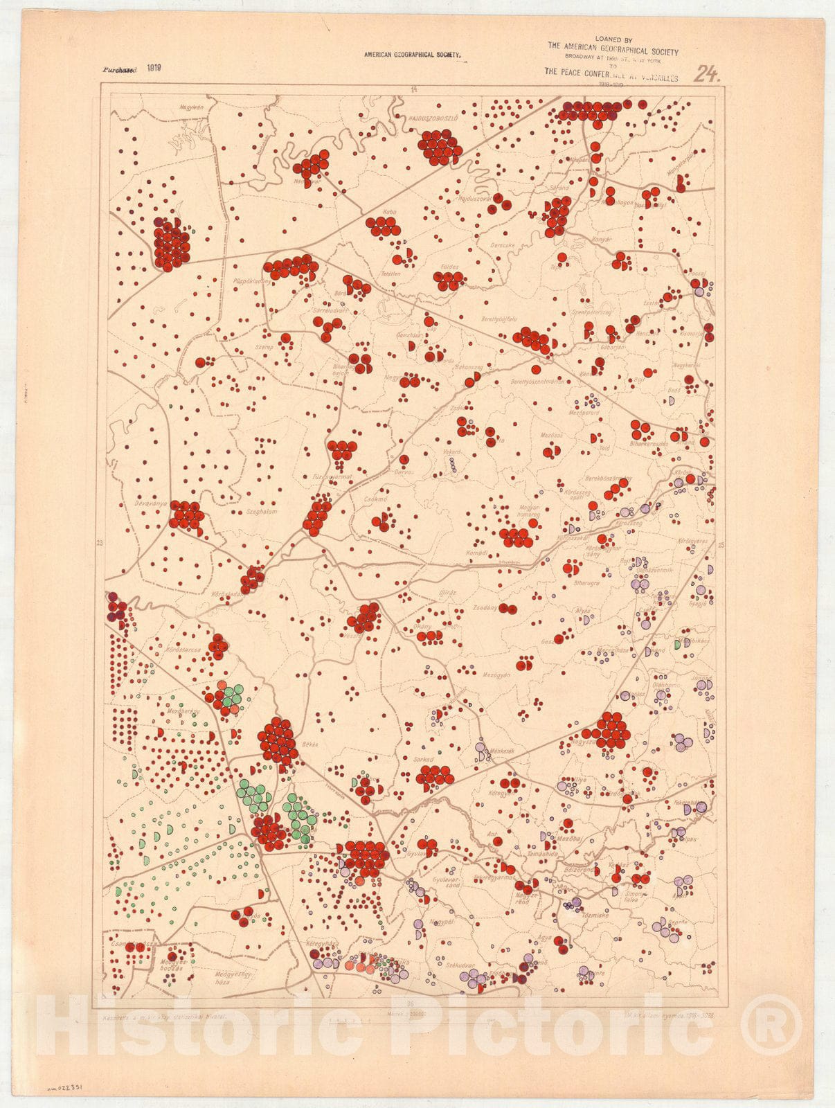 Map : Hungary 1918 24, Ethnographical map of Hungary, Carte ethnographiqe de la Hongrie , Antique Vintage Reproduction