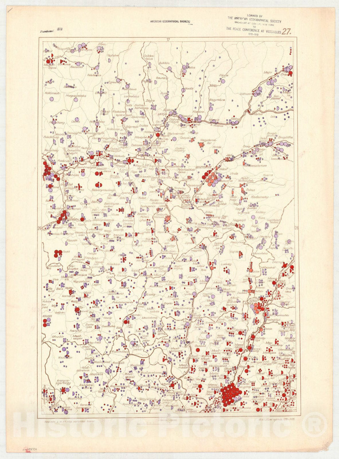 Map : Hungary 1918 27, Ethnographical map of Hungary, Carte ethnographiqe de la Hongrie , Antique Vintage Reproduction