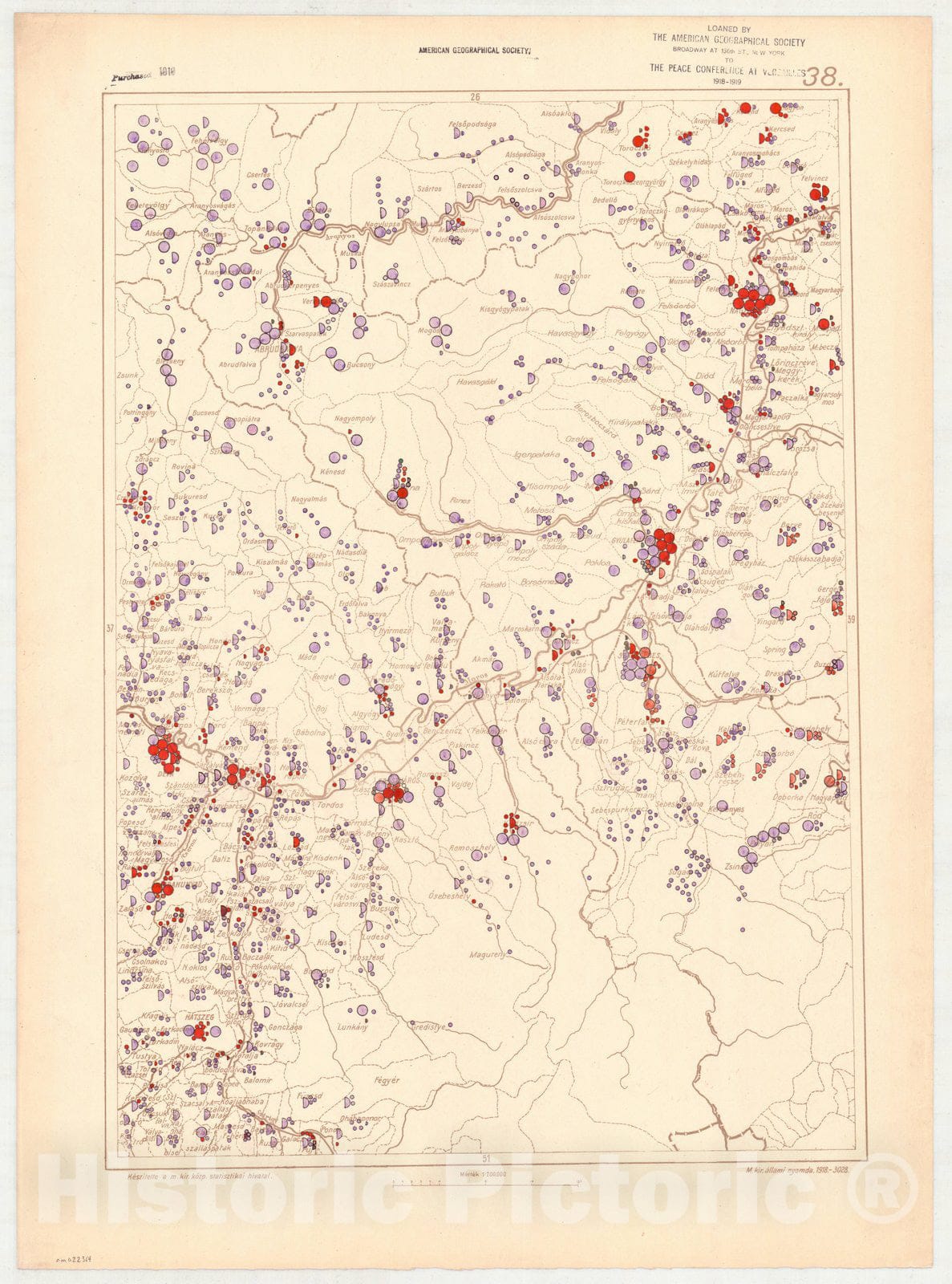 Map : Hungary 1918 38, Ethnographical map of Hungary, Carte ethnographiqe de la Hongrie , Antique Vintage Reproduction