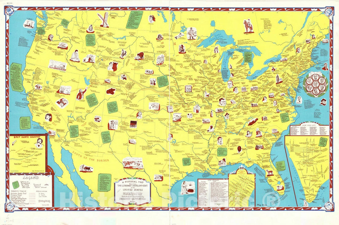 Map : United States 1952, A pictorial map depicting the literary development of the United States , Antique Vintage Reproduction