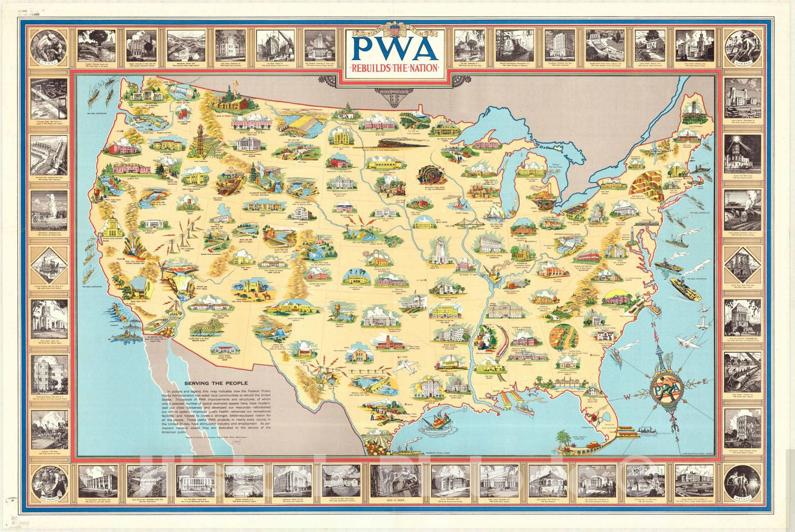 Map : United States 1939, PWA rebuilds the nation , Antique Vintage Reproduction