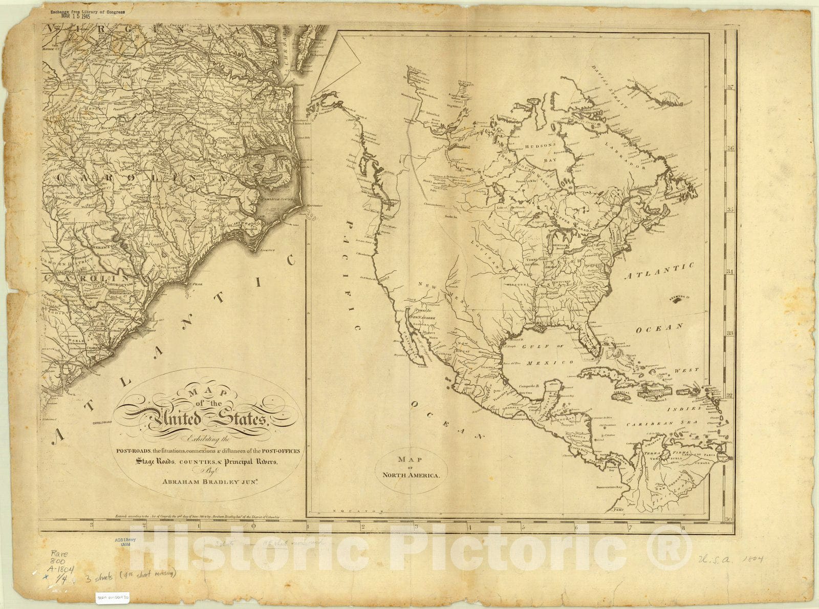 Map : United States Post Offices 1804, Antique Vintage Reproduction