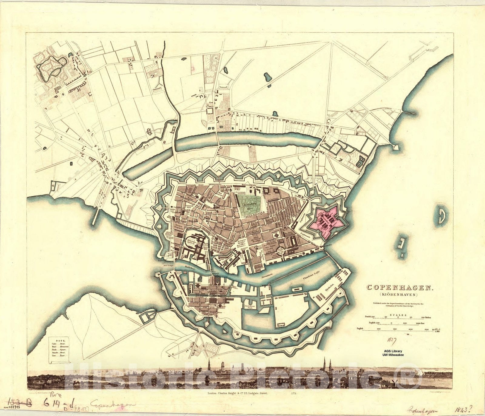 Map : Copenhagen, Denmark 1838, Copenhagen (Kiobenhaven) , Antique Vintage Reproduction