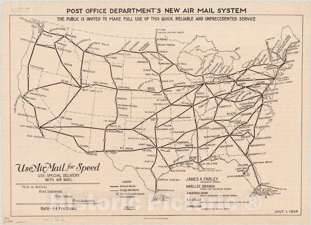 Map : United States 1934, Post Office Department's new air mail system : the public is invited to make full use of this quick, reliable and unprecedented service