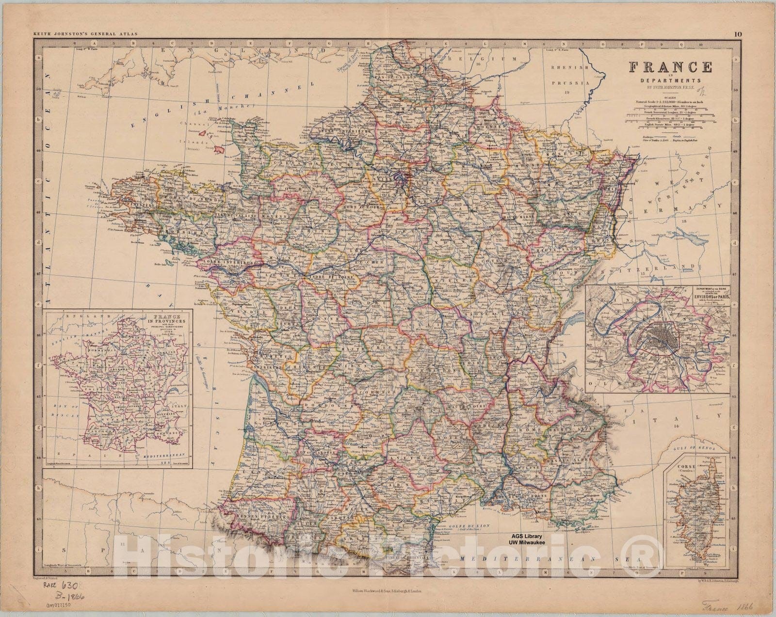 Map : France 1866, France in departments , Antique Vintage Reproduction