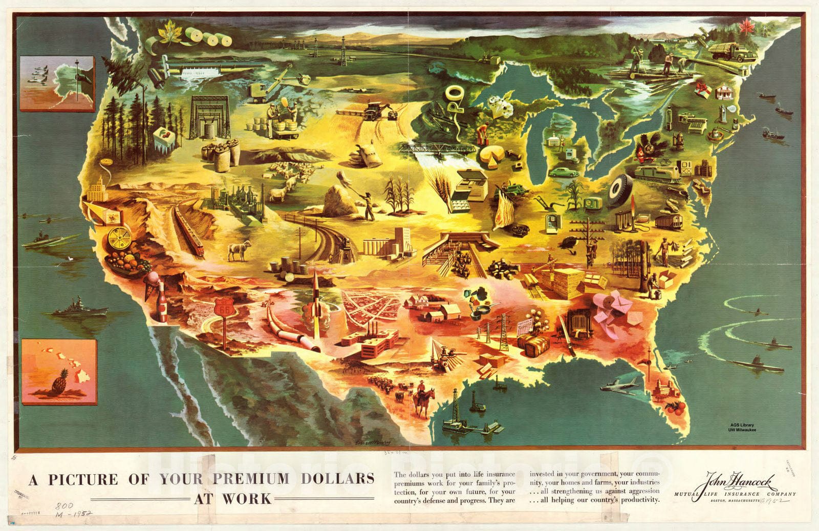 Map : United States 1952, A picture of your premium dollars at work , Antique Vintage Reproduction