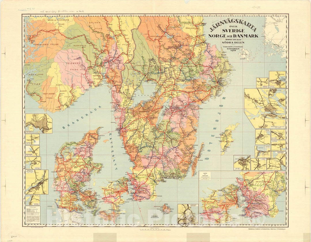 Map : Scandinavia 1920, JA?rnvA?gskarta over Sverige, Norge och Danmark , Antique Vintage Reproduction