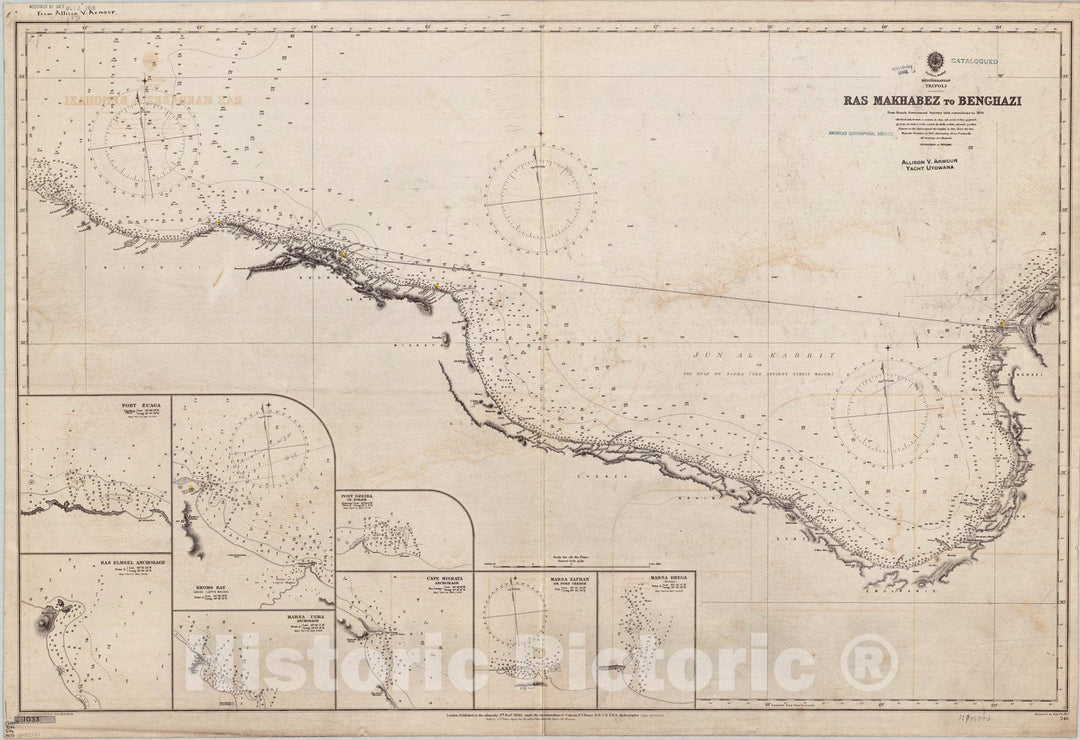 Map : Libya coast 1903, Mediterranean, Tripoli, Ras Makhabez to Benghazi , Antique Vintage Reproduction