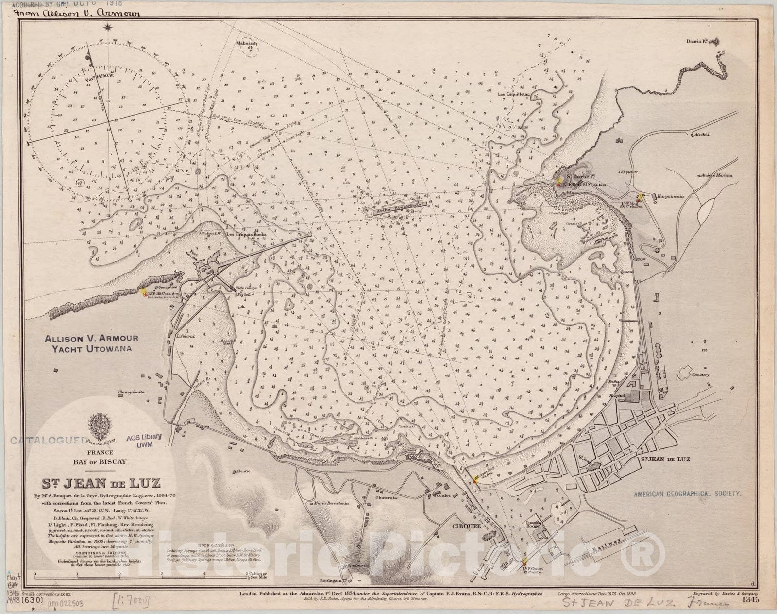 Map : Bay of Biscay, France 1898, France, Bay of Biscay, St. Jean de Luz , Antique Vintage Reproduction