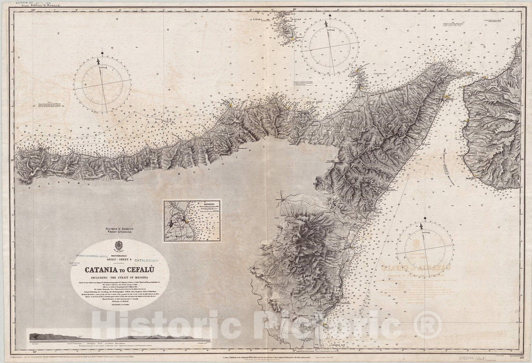 Map : Sicily 1909, Mediterranean, Sicily, sheet 4, Catania to Cefalu including the Strait of Messina , Antique Vintage Reproduction