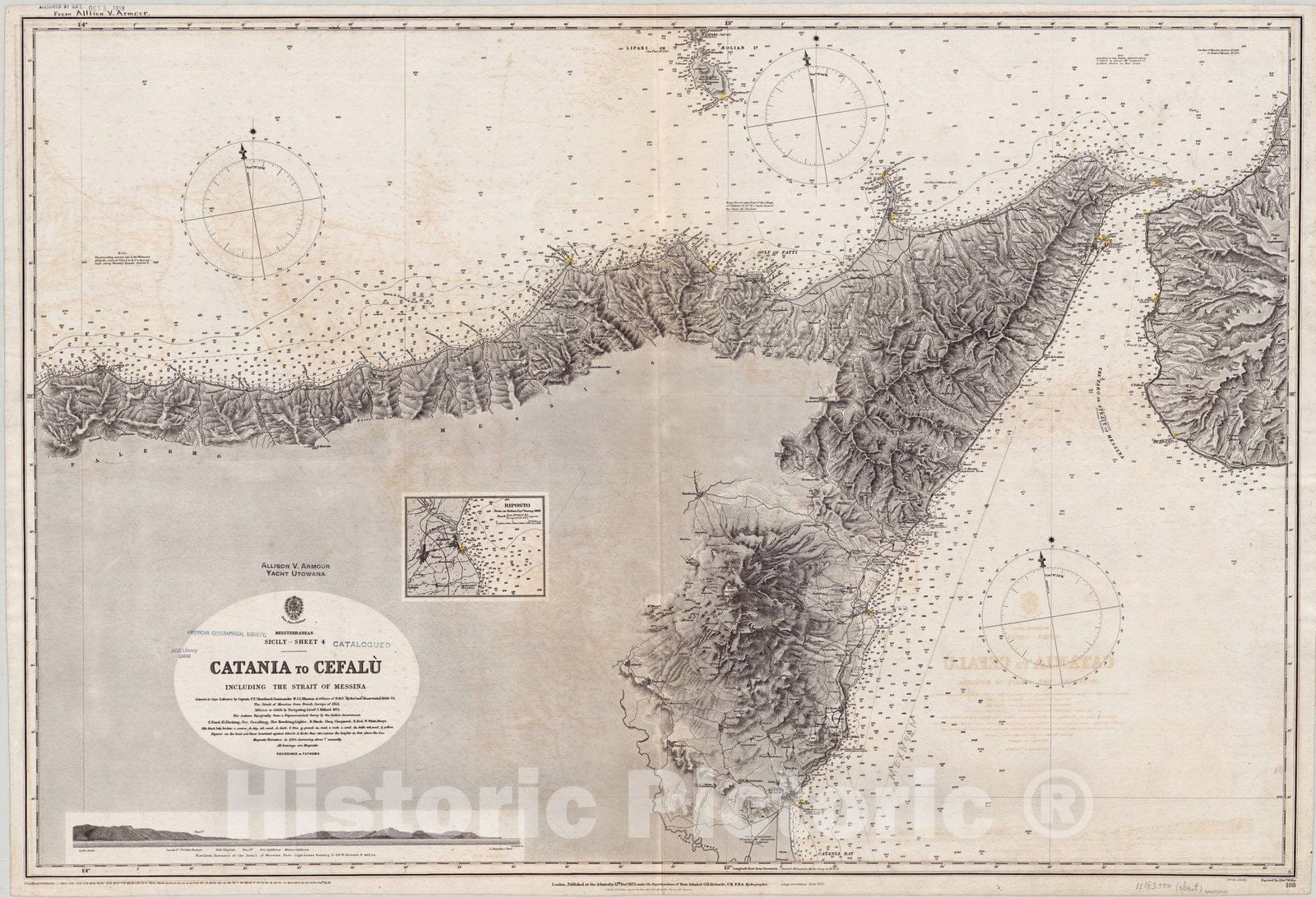 Map : Sicily 1909, Mediterranean, Sicily, sheet 4, Catania to Cefalu including the Strait of Messina , Antique Vintage Reproduction