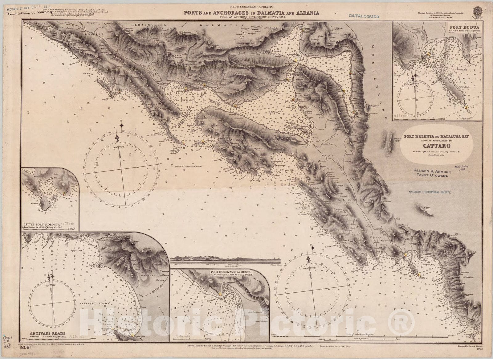 Map : Dalmatia and Albania coasts 1900, Mediterranean, Adriatic, ports and anchorages in Dalmatia and Albania , Antique Vintage Reproduction