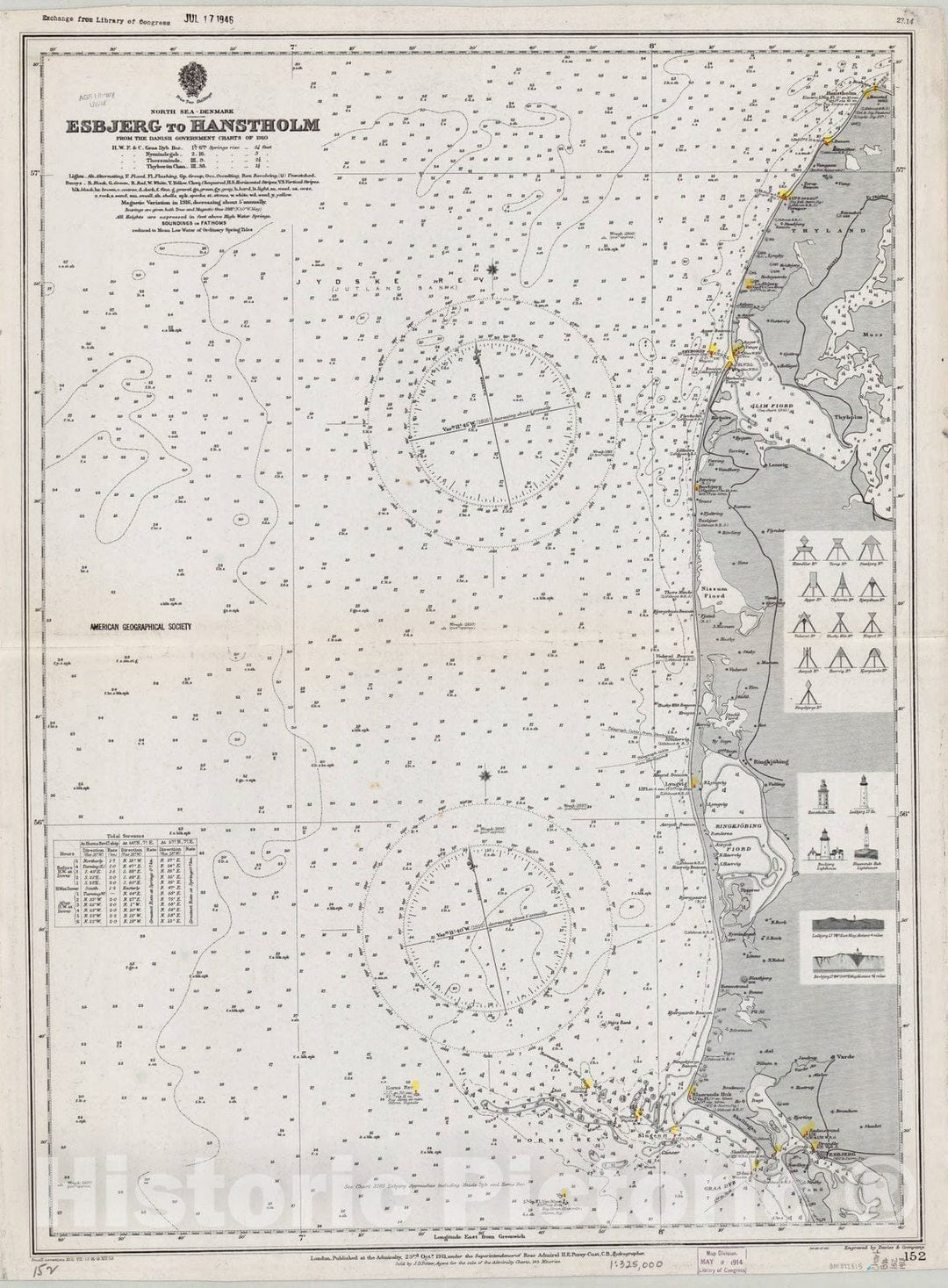 Map : North Sea along Denmark 1913, North Sea, Denmark, Esbjerg to Hanstholm , Antique Vintage Reproduction