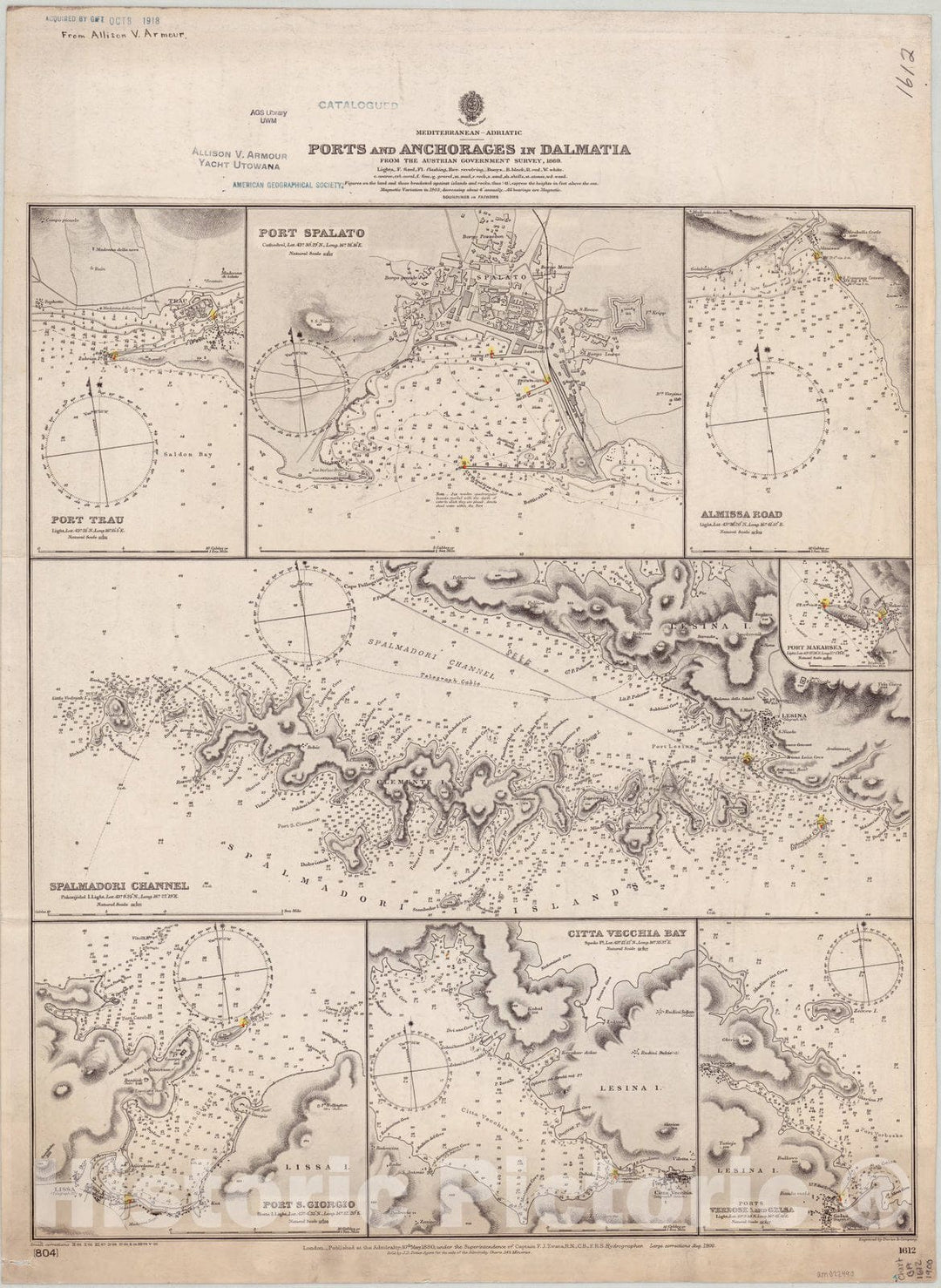 Map : Dalmatia, Croatia 1900, Mediterranean, Adriatic, ports and anchorages in Dalmatia , Antique Vintage Reproduction