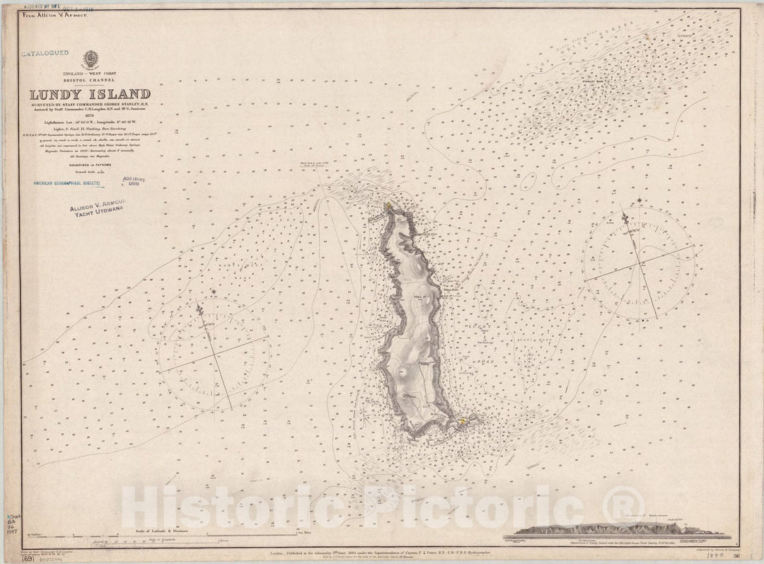 Map : Bristol Channel, England 1897, England, west coast, Bristol Channel, Lundy Island , Antique Vintage Reproduction