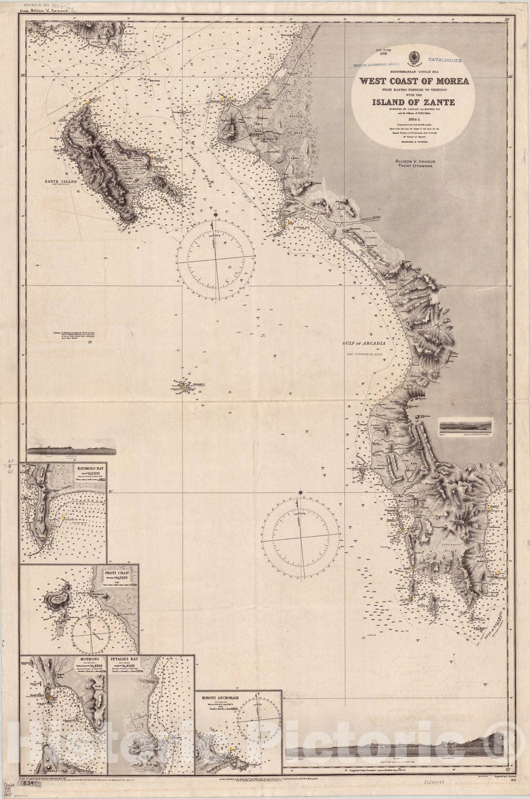 Map : Zakynthos, Greece 1907, Mediterranean, Ionian Sea, west coast of Morea, from Kastro Tornese to Venetico, with the Island of Zante , Antique Vintage Reproduction