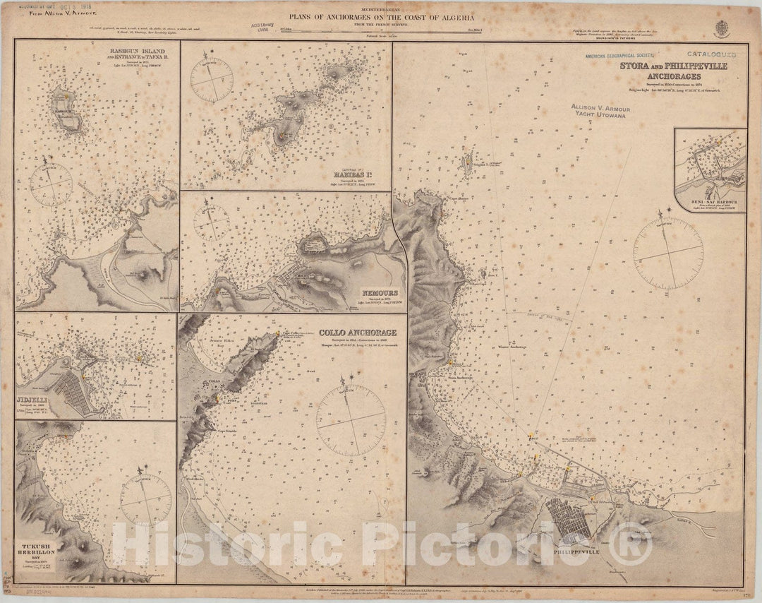 Map : Algeria coast 1893, Mediterranean, plans of anchorages on the coast of Algeria , Antique Vintage Reproduction