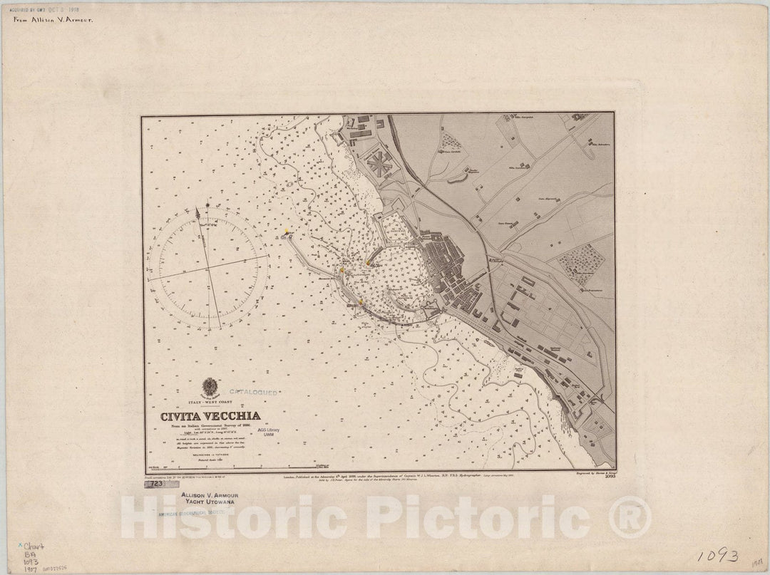 Map : Italy, west coast 1907, Italy, west coast, Civita Vecchia , Antique Vintage Reproduction