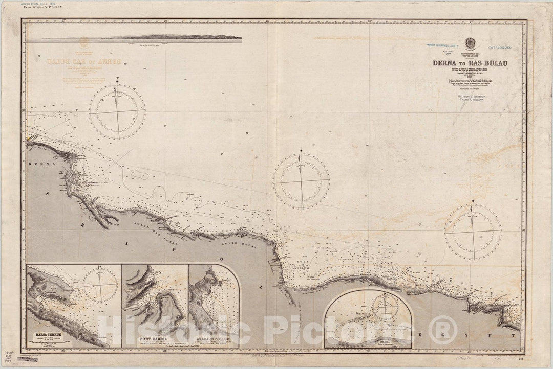 Map : Tripoli, Libya 1907, Mediterranean Sea, Tripoli & Egypt, Derna to Ras Bulau , Antique Vintage Reproduction