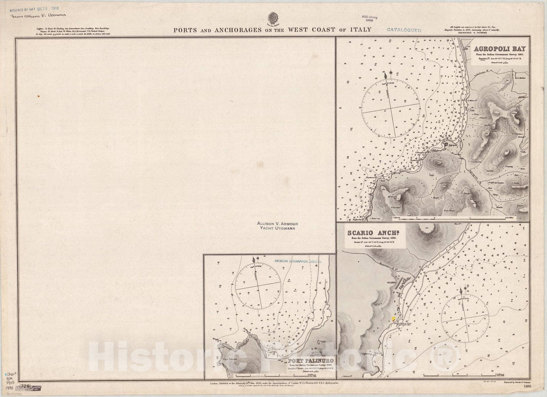 Map : Italy, west coast 1890, Ports and anchorages on the west coast of Italy , Antique Vintage Reproduction