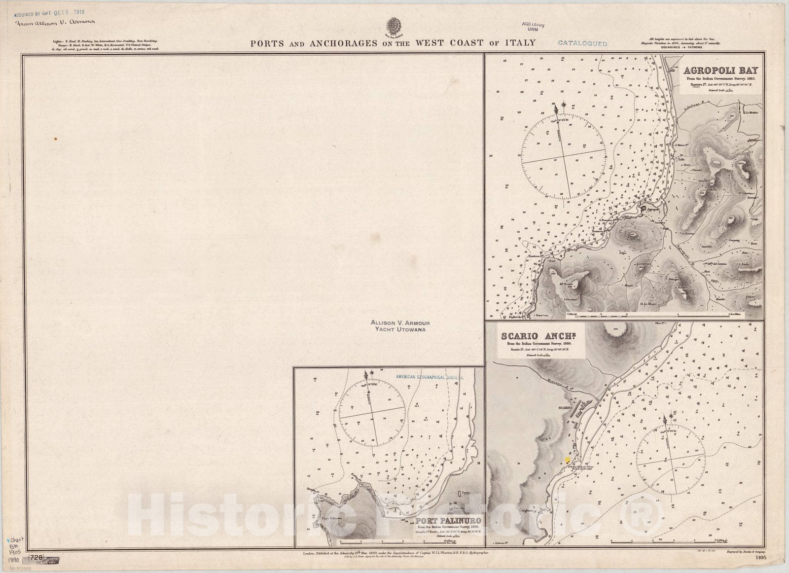 Map : Italy, west coast 1890, Ports and anchorages on the west coast of Italy , Antique Vintage Reproduction