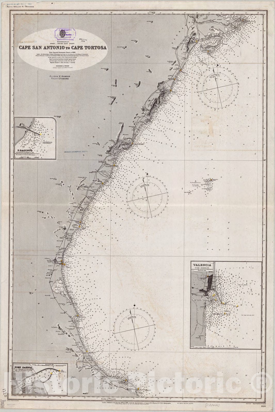 Map : Spain, southeast coast 1911, Mediterranean, Spain, south east coast, Cape San Antonio to Cape Tortosa , Antique Vintage Reproduction