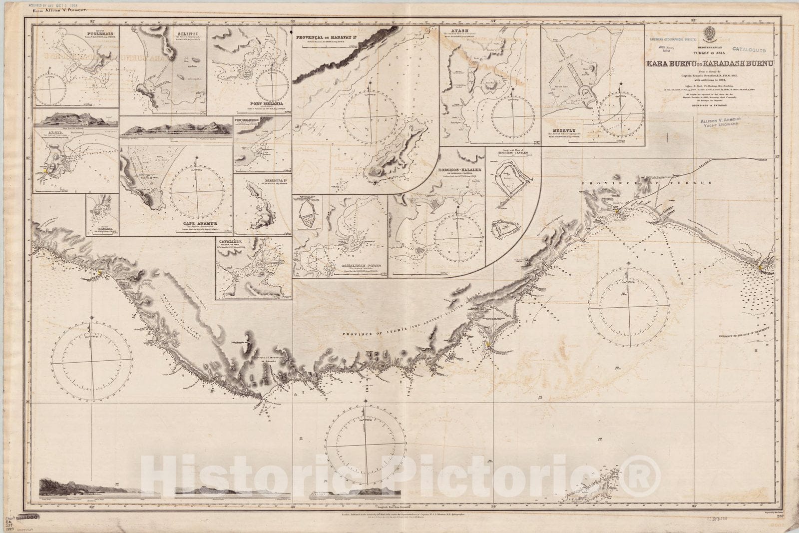 Map : Turkey, southern coast 1885, Mediterranean, Turkey in Asia, Kara Burnu to Karadash Burnu , Antique Vintage Reproduction