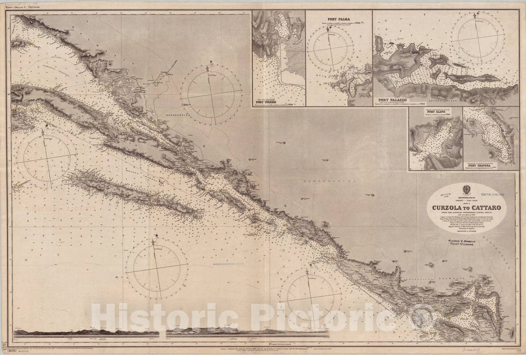 Map : Adriatic Sea coasts 1900, Mediterranean, Adriatic, east coast, sheet V, Curzola to Cattaro , Antique Vintage Reproduction