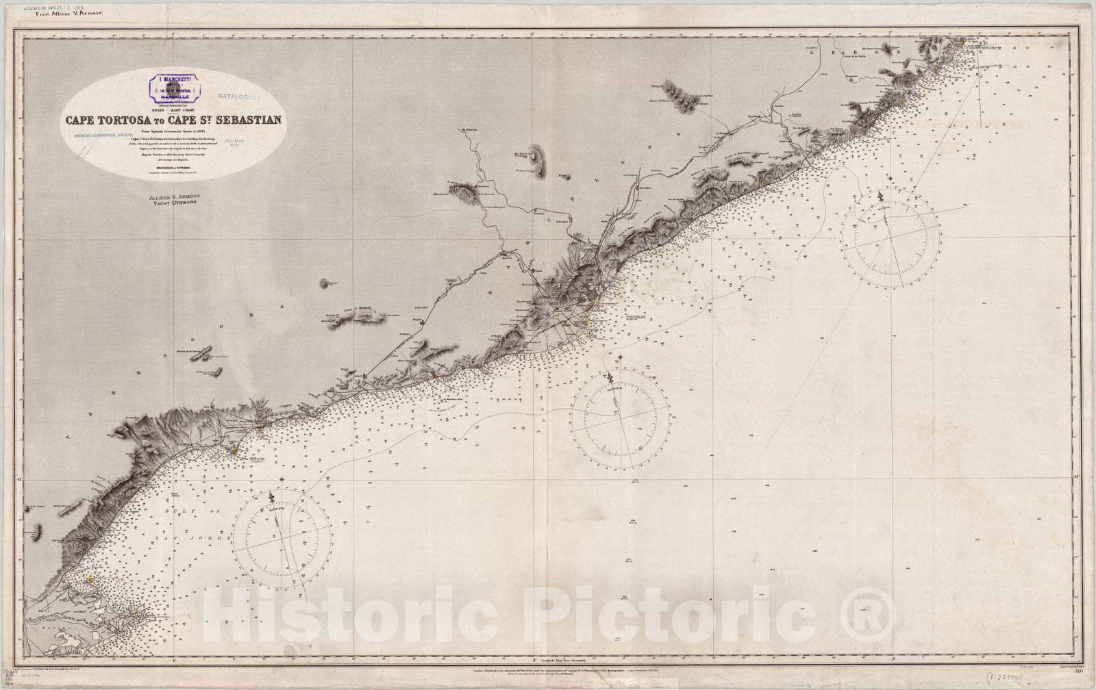 Map : Spain, east coast 1910, Mediterranean, Spain, east coast, Cape Tortosa to Cape St. Sebastian , Antique Vintage Reproduction